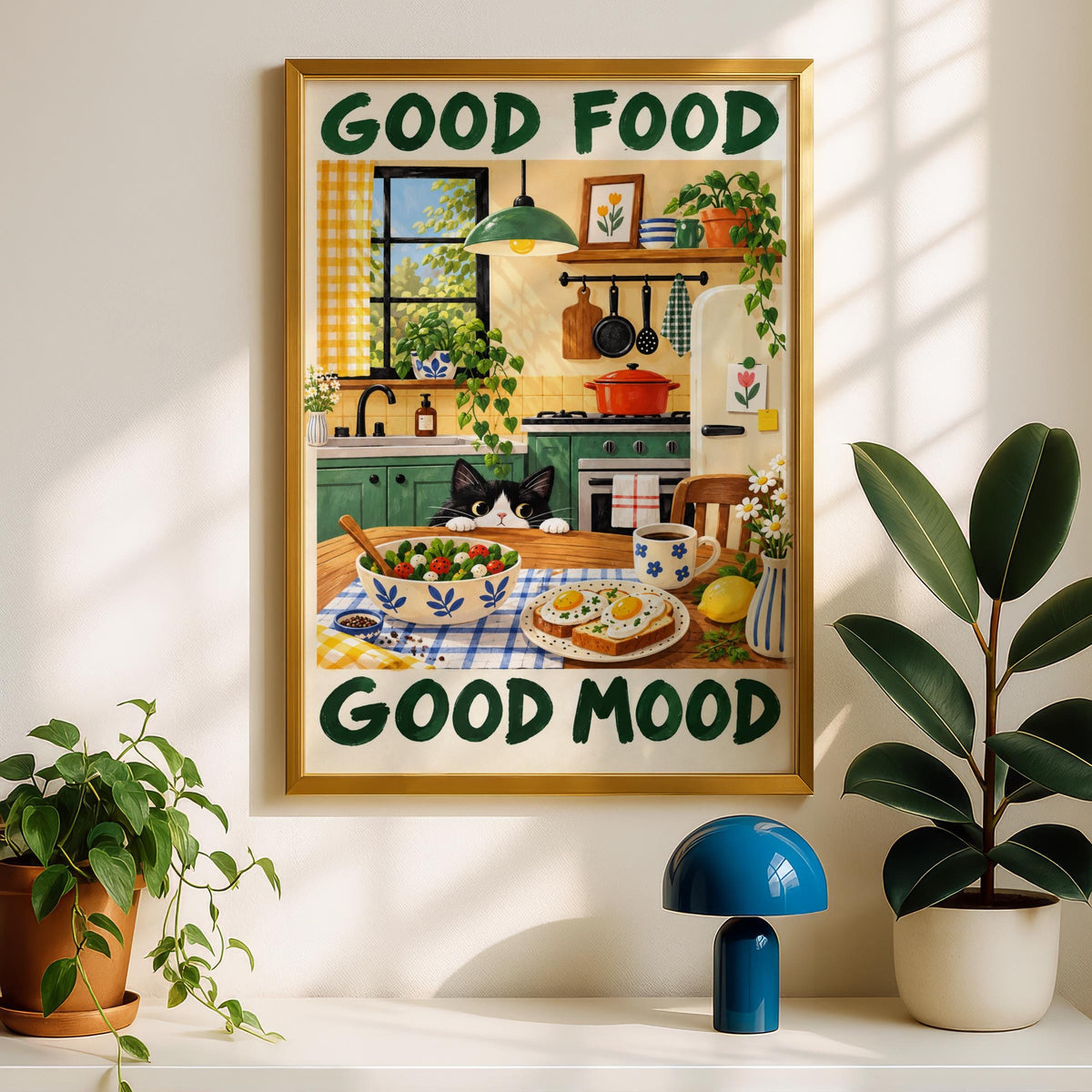 Good Food Good Mood Kitchen Poster, Cute Tuxedo Cat Wall Art, Green Yellow Dining Room Decor Print