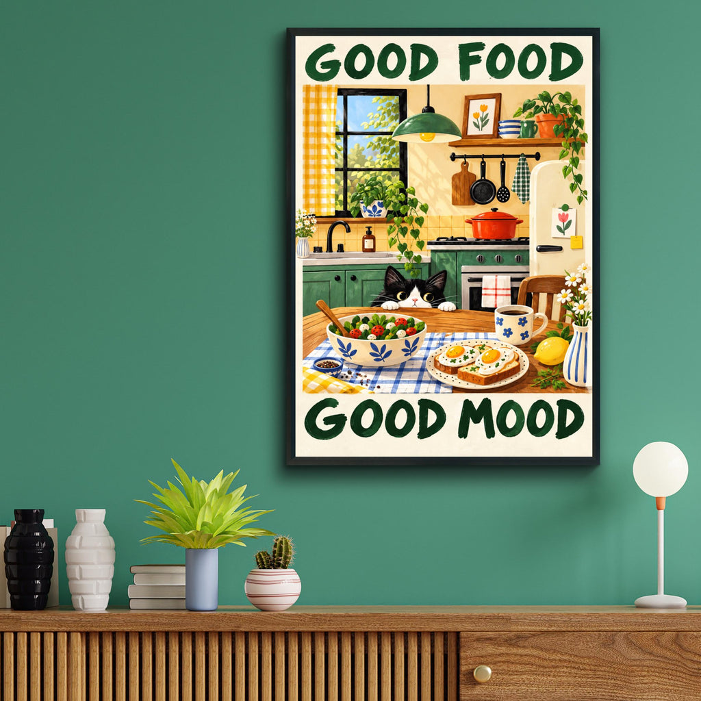 Good Food Good Mood Kitchen Poster, Cute Tuxedo Cat Wall Art, Green Yellow Dining Room Decor Print