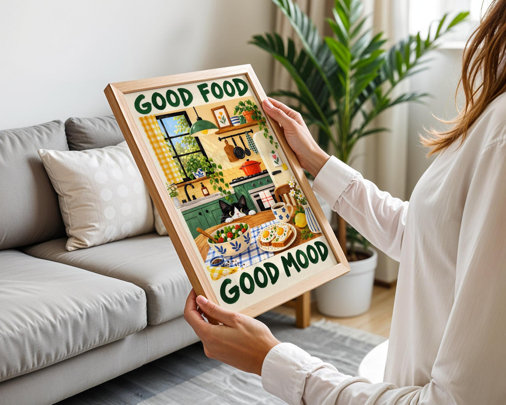 Good Food Good Mood Kitchen Poster, Cute Tuxedo Cat Wall Art, Green Yellow Dining Room Decor Print
