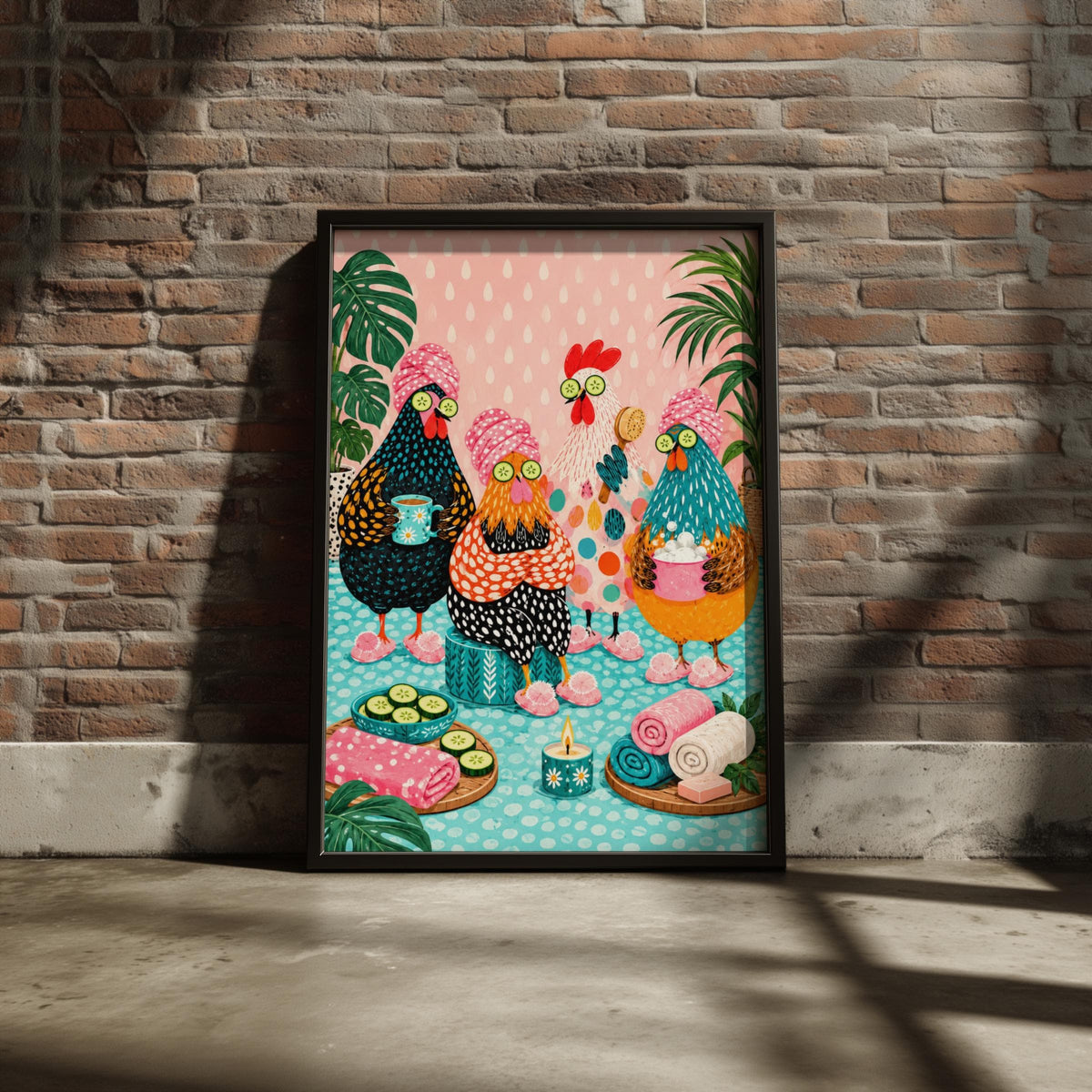 Funny Chicken Spa Day Art Print, Hen Party Poster, Quirky Bathroom Wall Art, Colourful Pink Teal