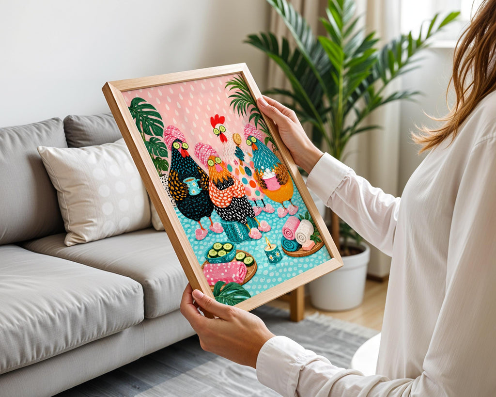 Funny Chicken Spa Day Art Print, Hen Party Poster, Quirky Bathroom Wall Art, Colourful Pink Teal