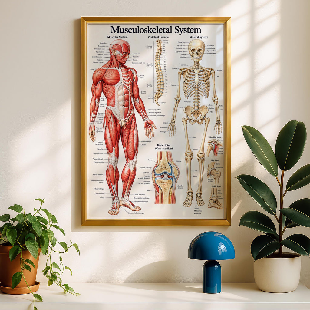 Musculoskeletal System Anatomy Poster, Human Muscle and Skeleton Chart, Medical Wall Art Print