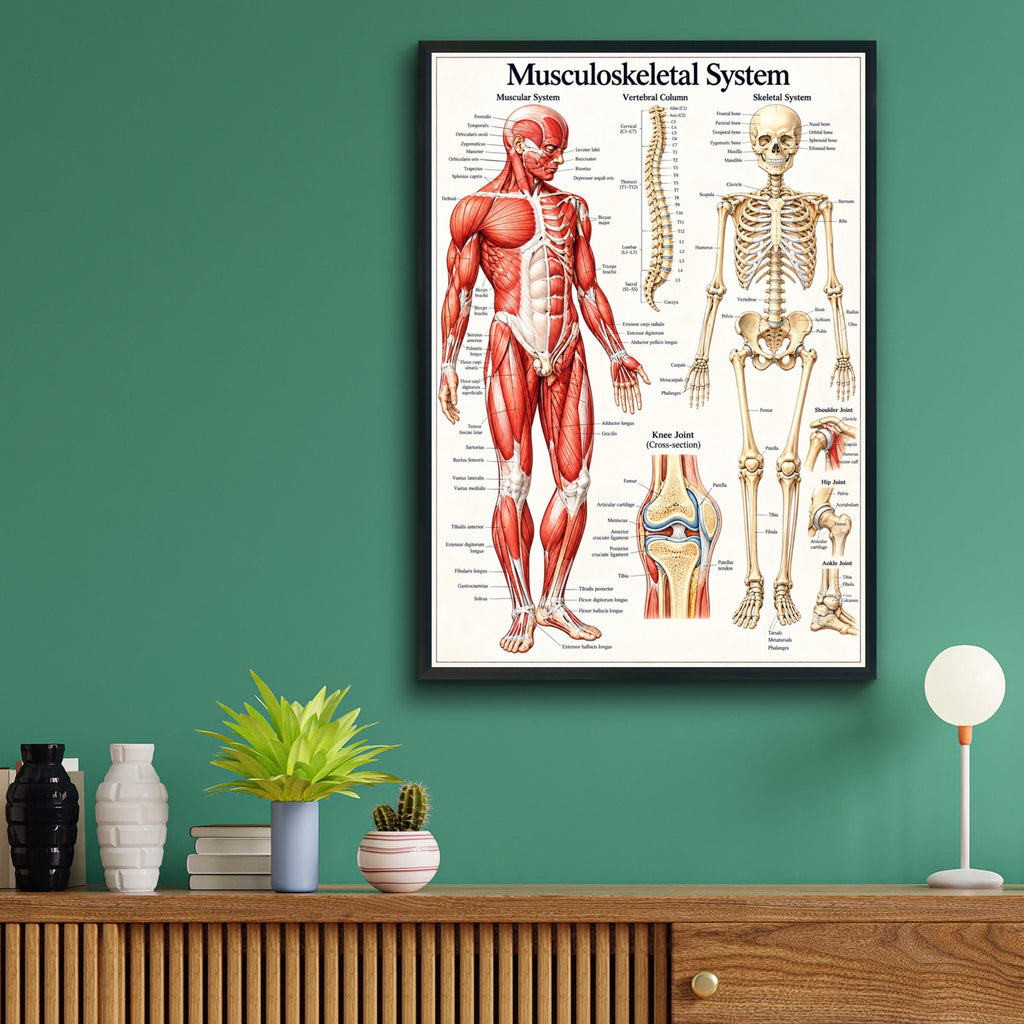 Musculoskeletal System Anatomy Poster, Human Muscle and Skeleton Chart, Medical Wall Art Print