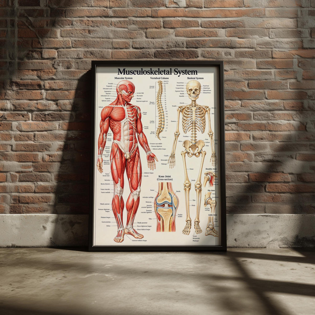 Musculoskeletal System Anatomy Poster, Human Muscle and Skeleton Chart, Medical Wall Art Print