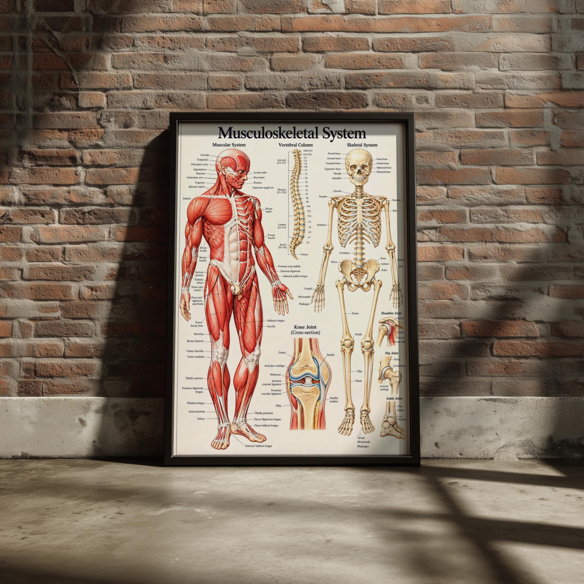 Musculoskeletal System Anatomy Poster, Human Muscle and Skeleton Chart, Medical Wall Art Print