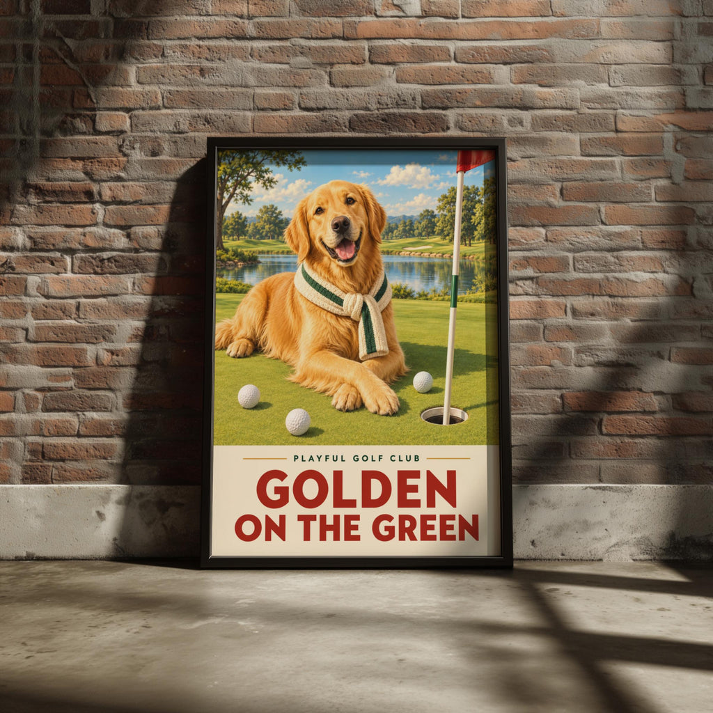 Golden Retriever Golf Poster, Dog Golf Wall Art Print, Funny Golfer Gift, Golf Club Decor, Man Cave