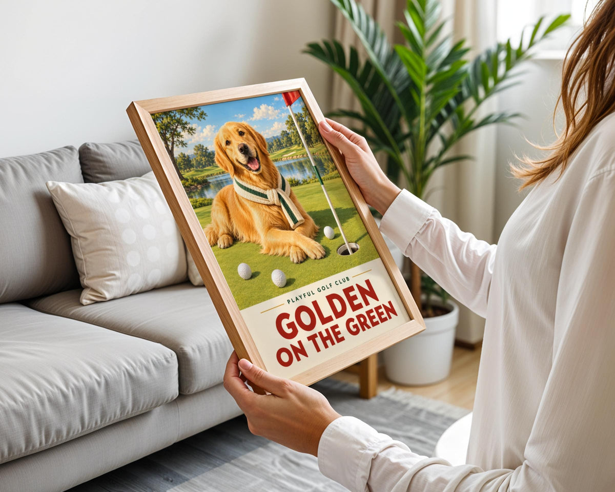 Golden Retriever Golf Poster, Dog Golf Wall Art Print, Funny Golfer Gift, Golf Club Decor, Man Cave
