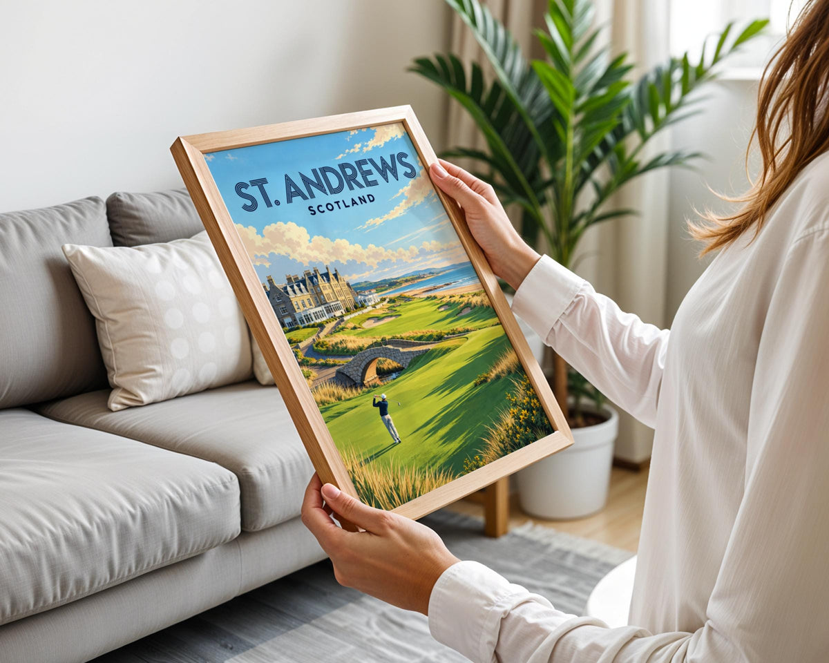 St Andrews Scotland Golf Poster, Links Course Travel Print, Golfer Gift Wall Art, Coastal Golfing