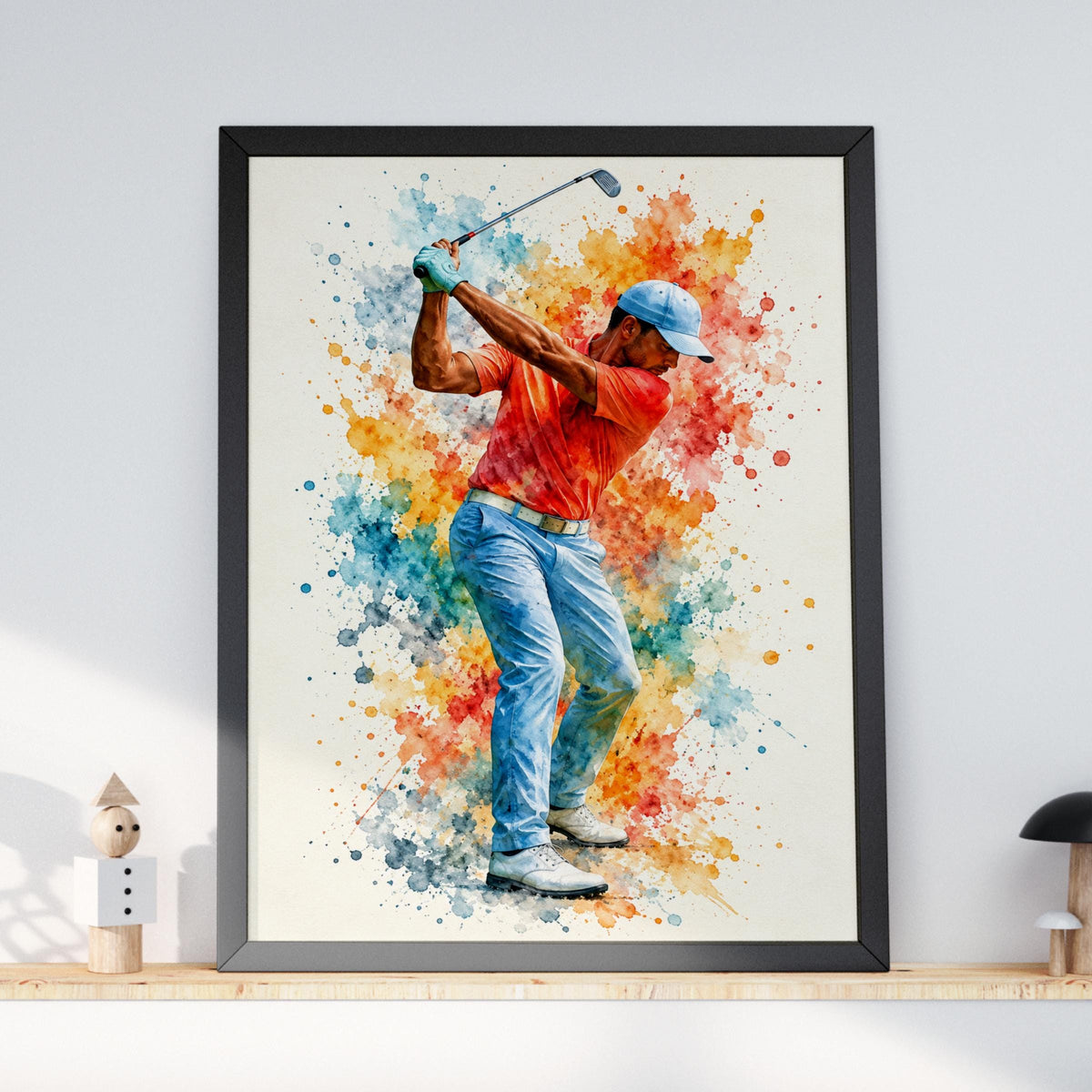Golfer Watercolour Wall Art Print, Golf Poster, Colourful Paint Splash Sports Gift for Golf Lovers