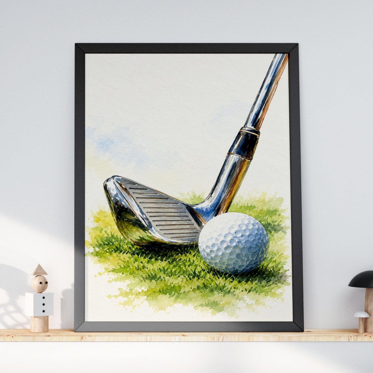 Golf Club and Ball Watercolour Art Print, Golfer Gift Wall Art, Golf Course Poster for Man Cave