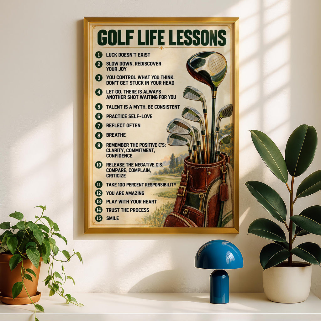 Golf Life Lessons Poster, Vintage Golfer Wall Art, Motivational Quote Print, Golf Bag Clubs
