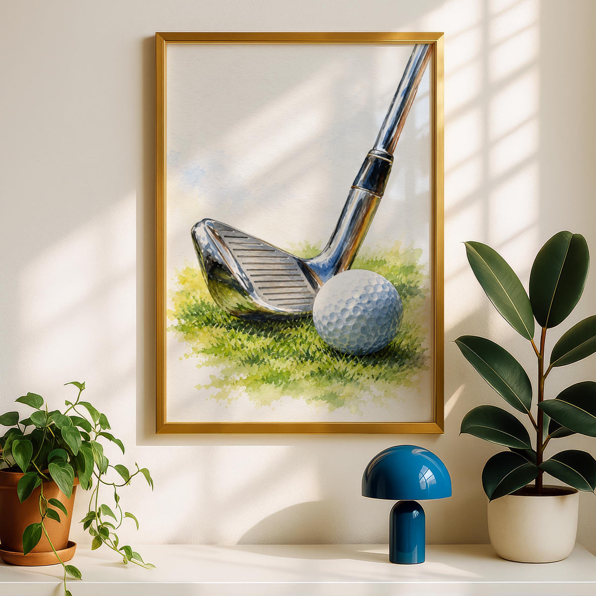 Golf Club and Ball Watercolour Art Print, Golfer Gift Wall Art, Golf Course Poster for Man Cave