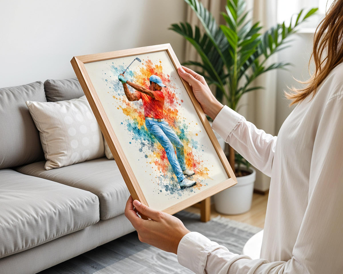 Golfer Watercolour Wall Art Print, Golf Poster, Colourful Paint Splash Sports Gift for Golf Lovers