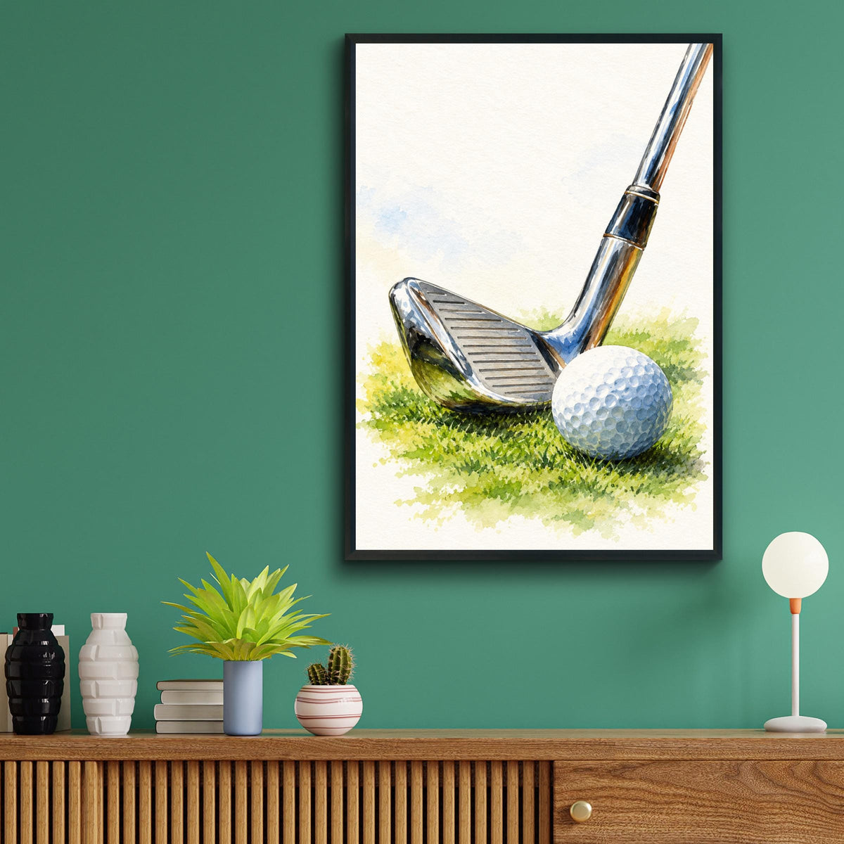 Golf Club and Ball Watercolour Art Print, Golfer Gift Wall Art, Golf Course Poster for Man Cave
