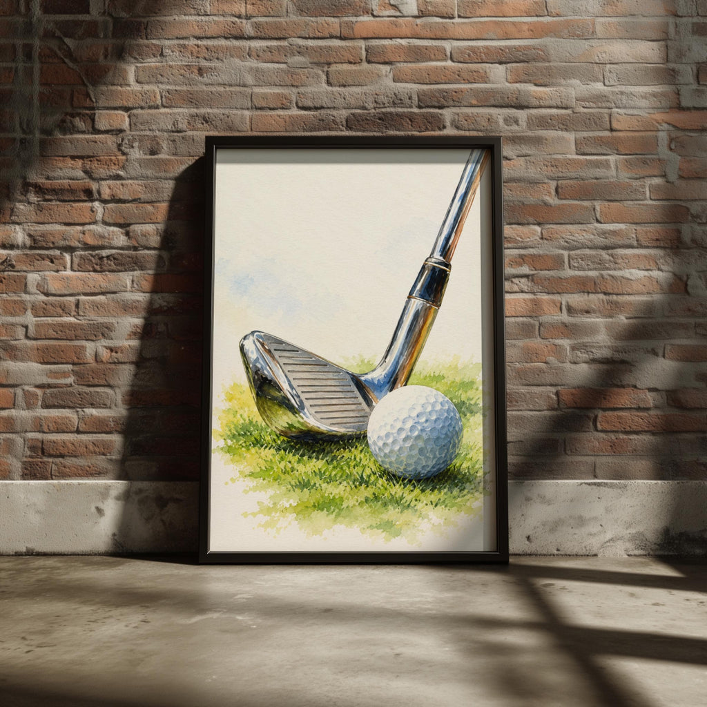 Golf Club and Ball Watercolour Art Print, Golfer Gift Wall Art, Golf Course Poster for Man Cave