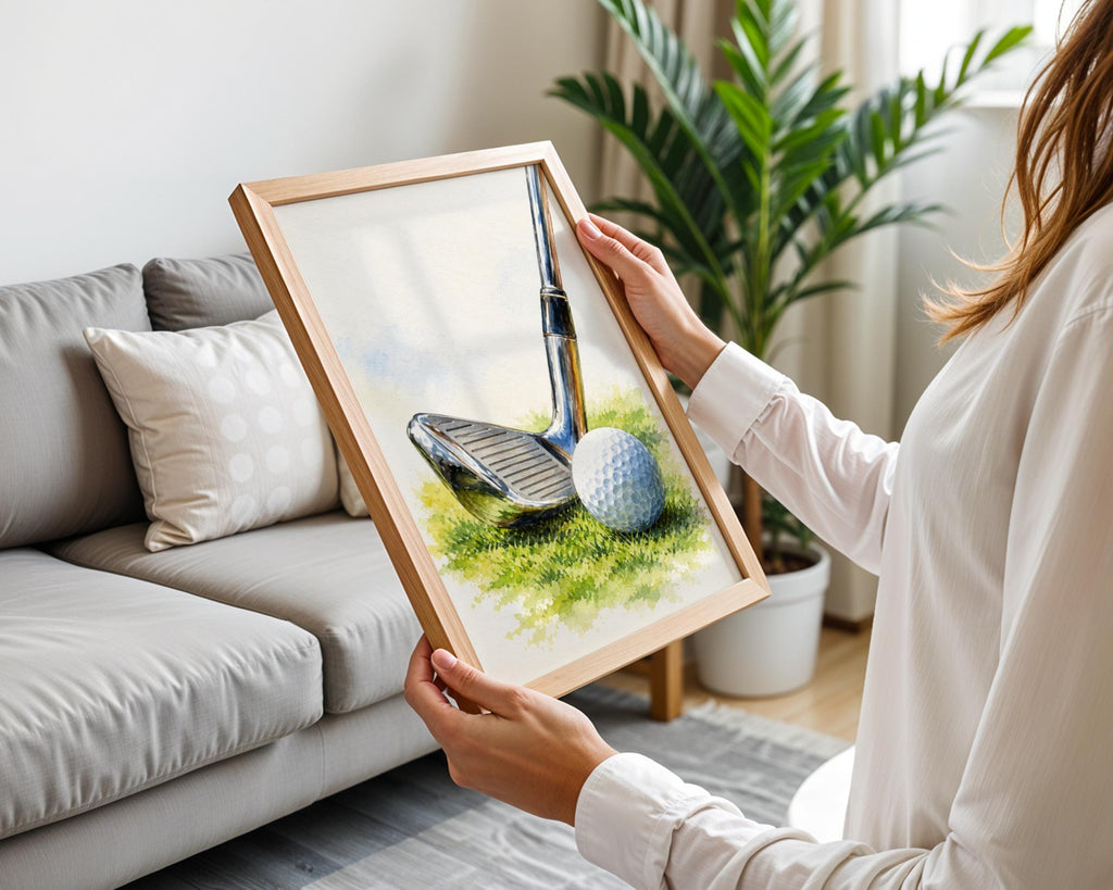 Golf Club and Ball Watercolour Art Print, Golfer Gift Wall Art, Golf Course Poster for Man Cave