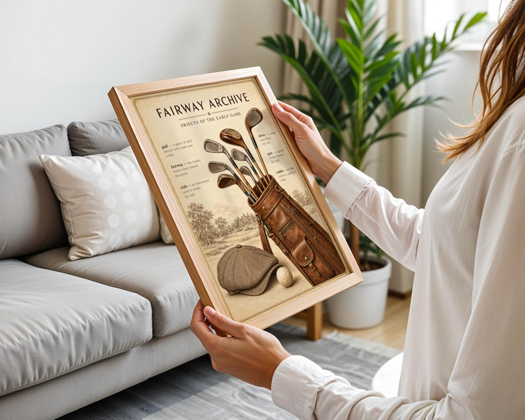 Vintage Golf Poster, Fairway Archive Wall Art, Hickory Clubs Leather Golf Bag, Tweed Flat Cap Print