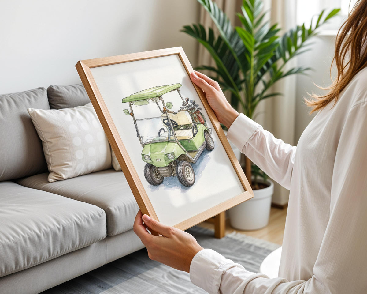Golf Cart Watercolour Print, Sage Green Golf Poster, Golfer Gift Wall Art, Clubhouse Decor
