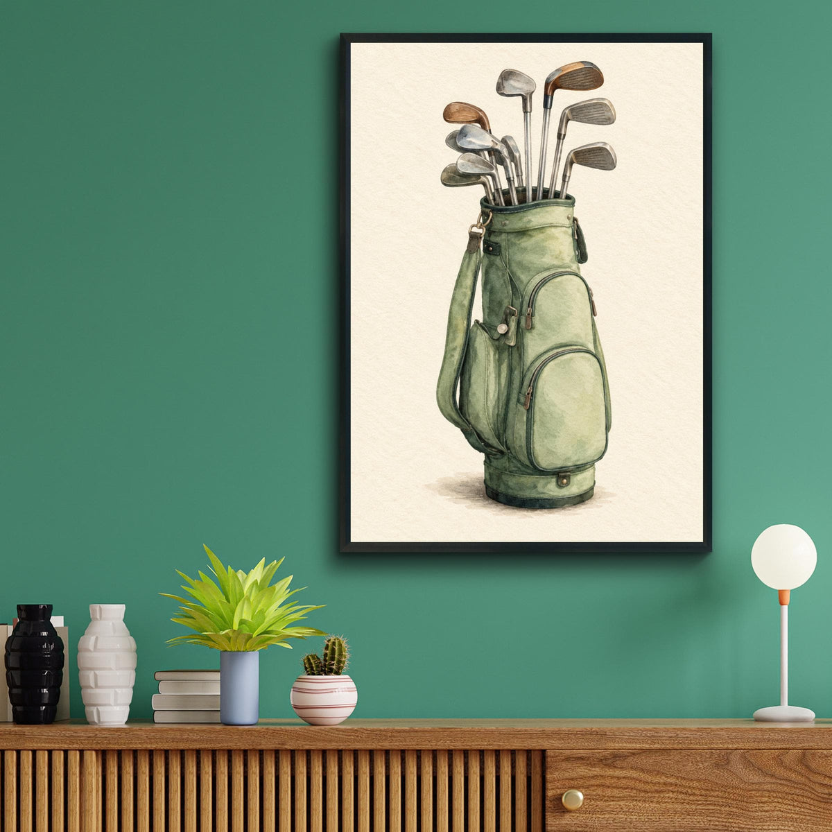 Vintage Golf Bag Watercolour Print, Sage Green Golf Clubs Wall Art, Golfer Gift, Clubhouse Poster