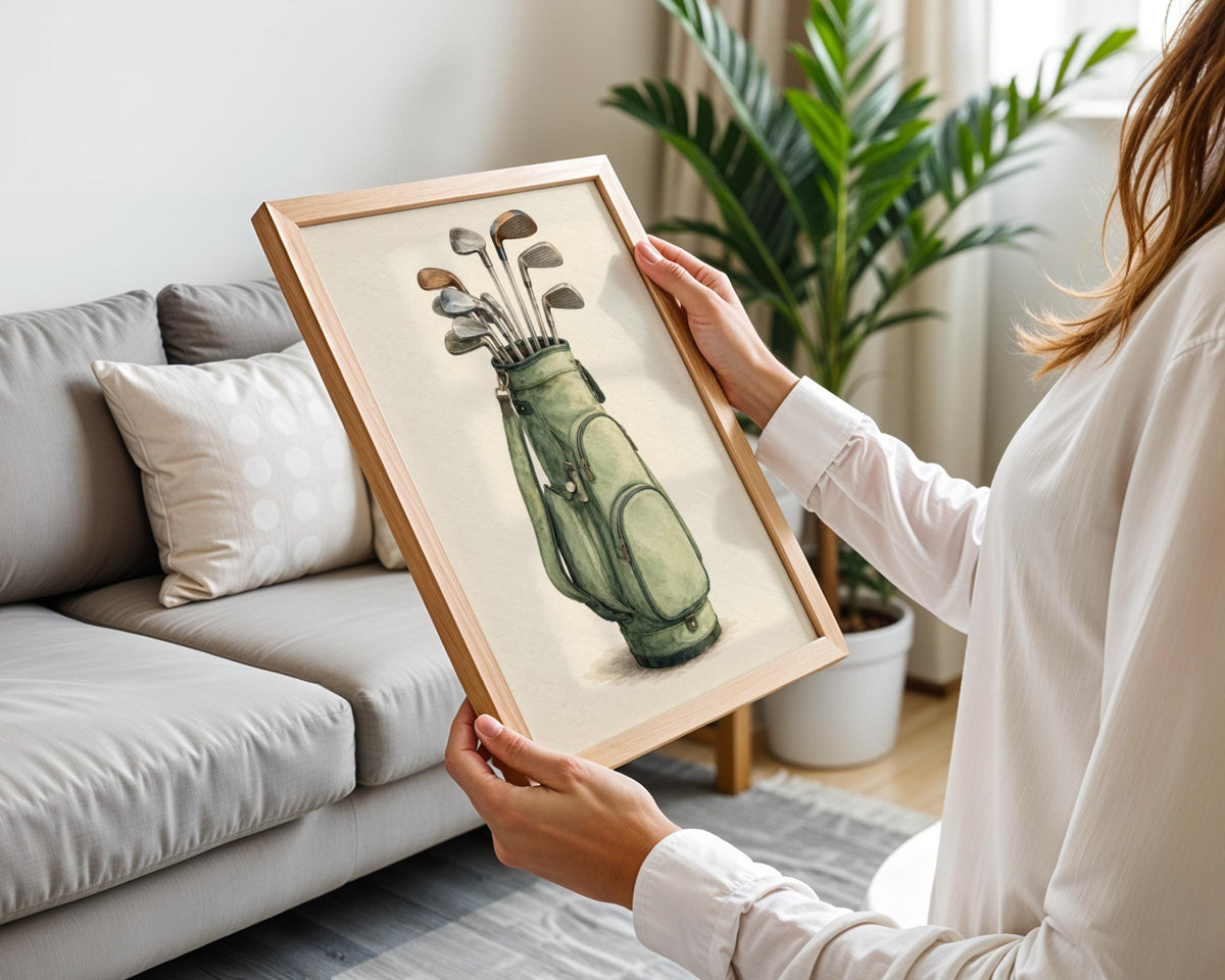 Vintage Golf Bag Watercolour Print, Sage Green Golf Clubs Wall Art, Golfer Gift, Clubhouse Poster