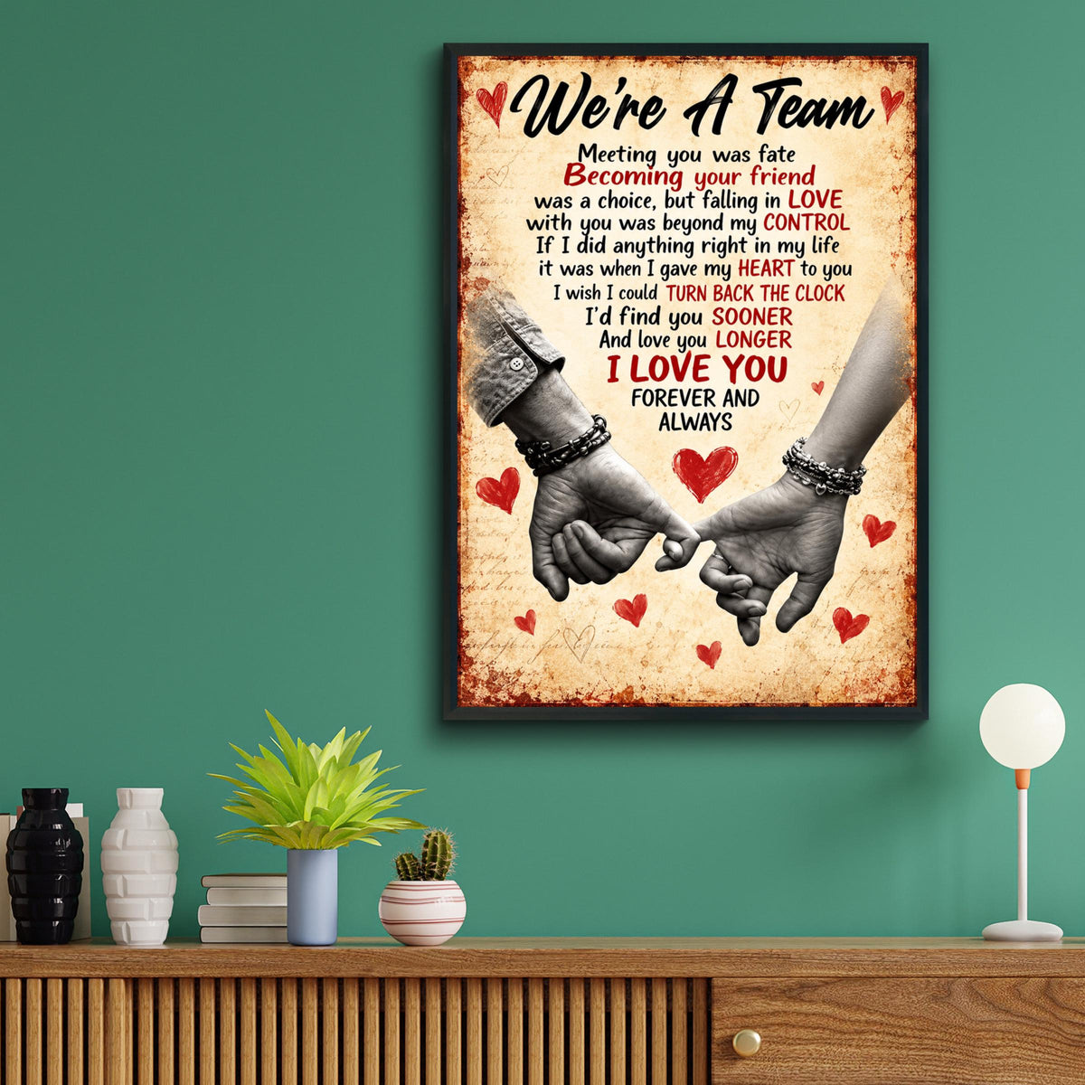 We're A Team Romantic Poster, Couple Pinky Promise Hands, Love Quote Wall Art, Anniversary Gift