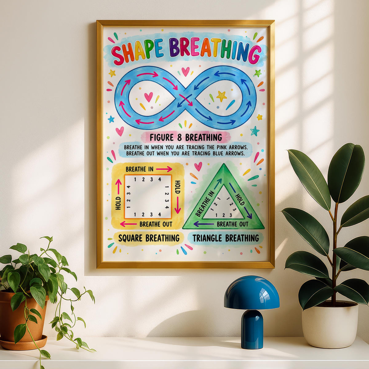 Shape Breathing Poster, Calming Corner Mindfulness Print, Classroom Wall Art, Kids Calm Down Chart