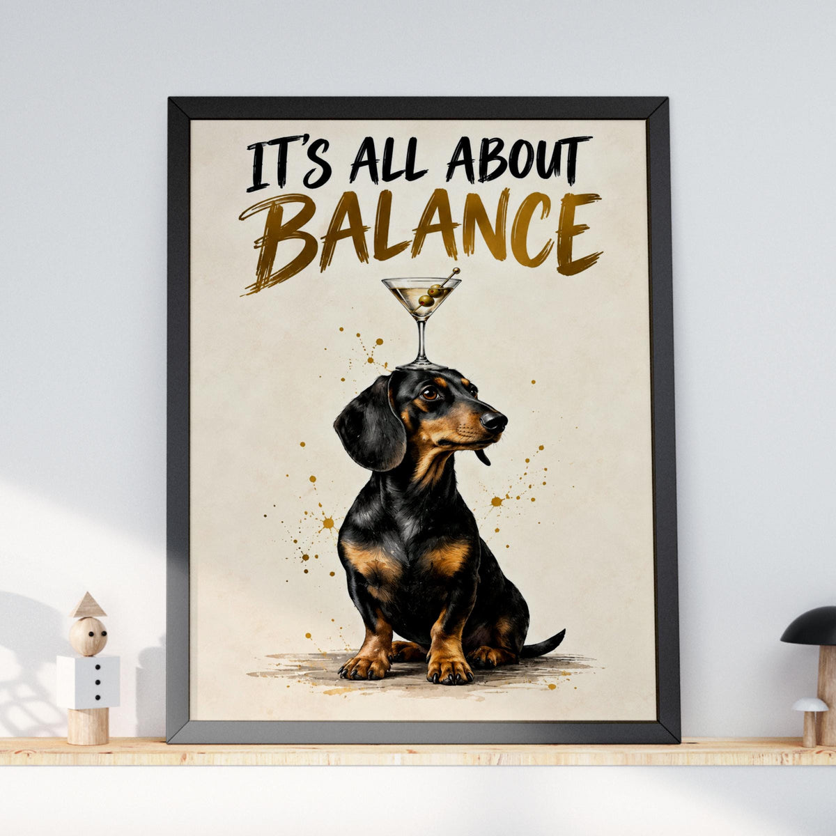 Dachshund Martini Print, Funny Sausage Dog Poster, Cocktail Bar Wall Art, Gold Brush Quote