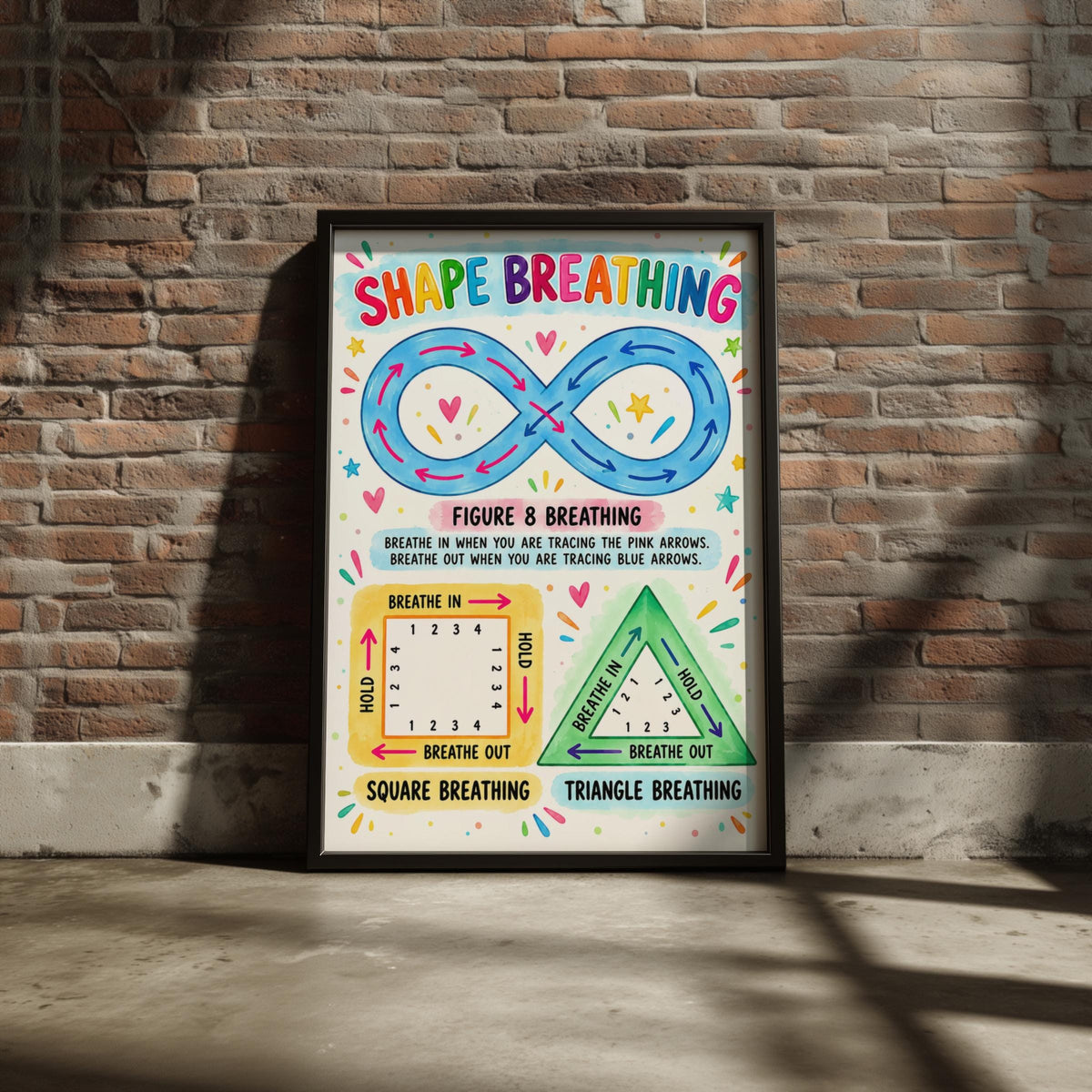 Shape Breathing Poster, Calming Corner Mindfulness Print, Classroom Wall Art, Kids Calm Down Chart