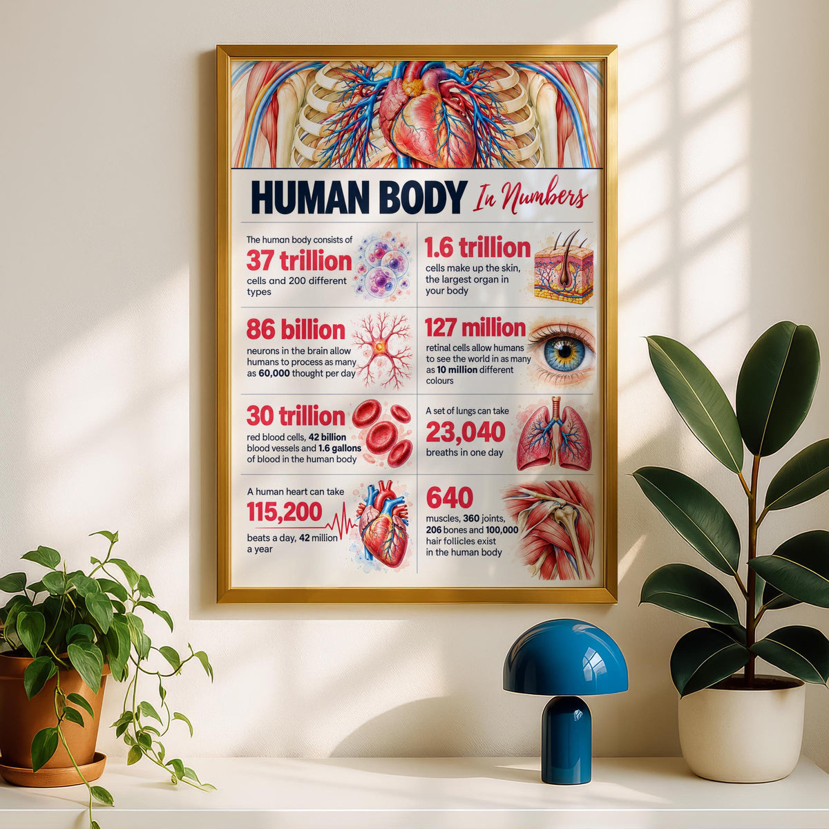 Human Body in Numbers Anatomy Poster, Medical Wall Art, Biology Classroom Print, Science Facts