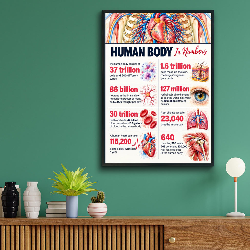 Human Body in Numbers Anatomy Poster, Medical Wall Art, Biology Classroom Print, Science Facts