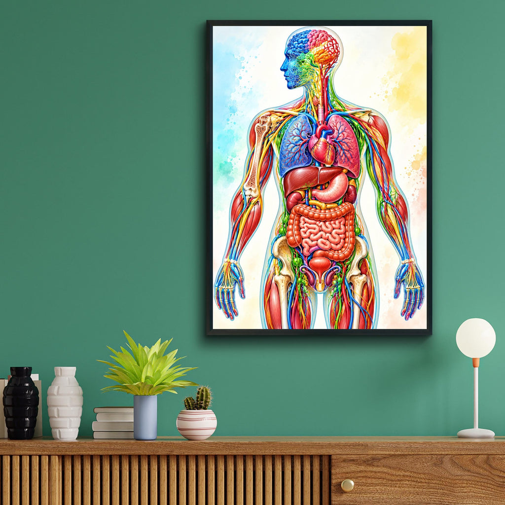 Human Anatomy Poster, Colourful Watercolour Medical Wall Art, Organs Muscles Bones Educational Print