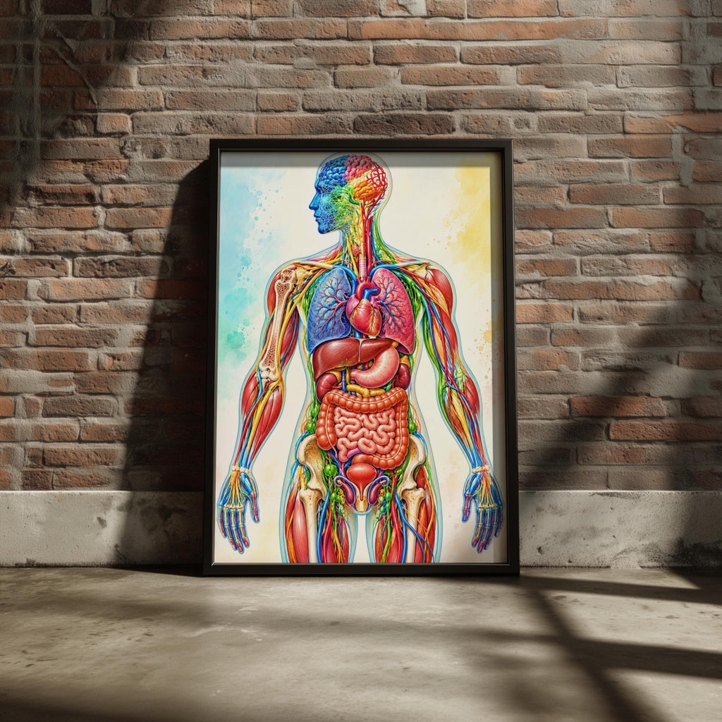 Human Anatomy Poster, Colourful Watercolour Medical Wall Art, Organs Muscles Bones Educational Print