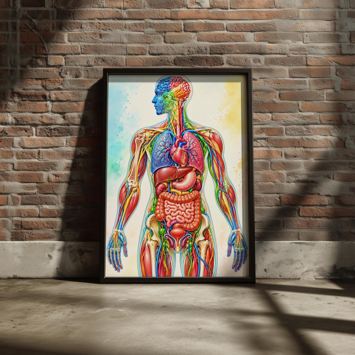 Human Anatomy Poster, Colourful Watercolour Medical Wall Art, Organs Muscles Bones Educational Print
