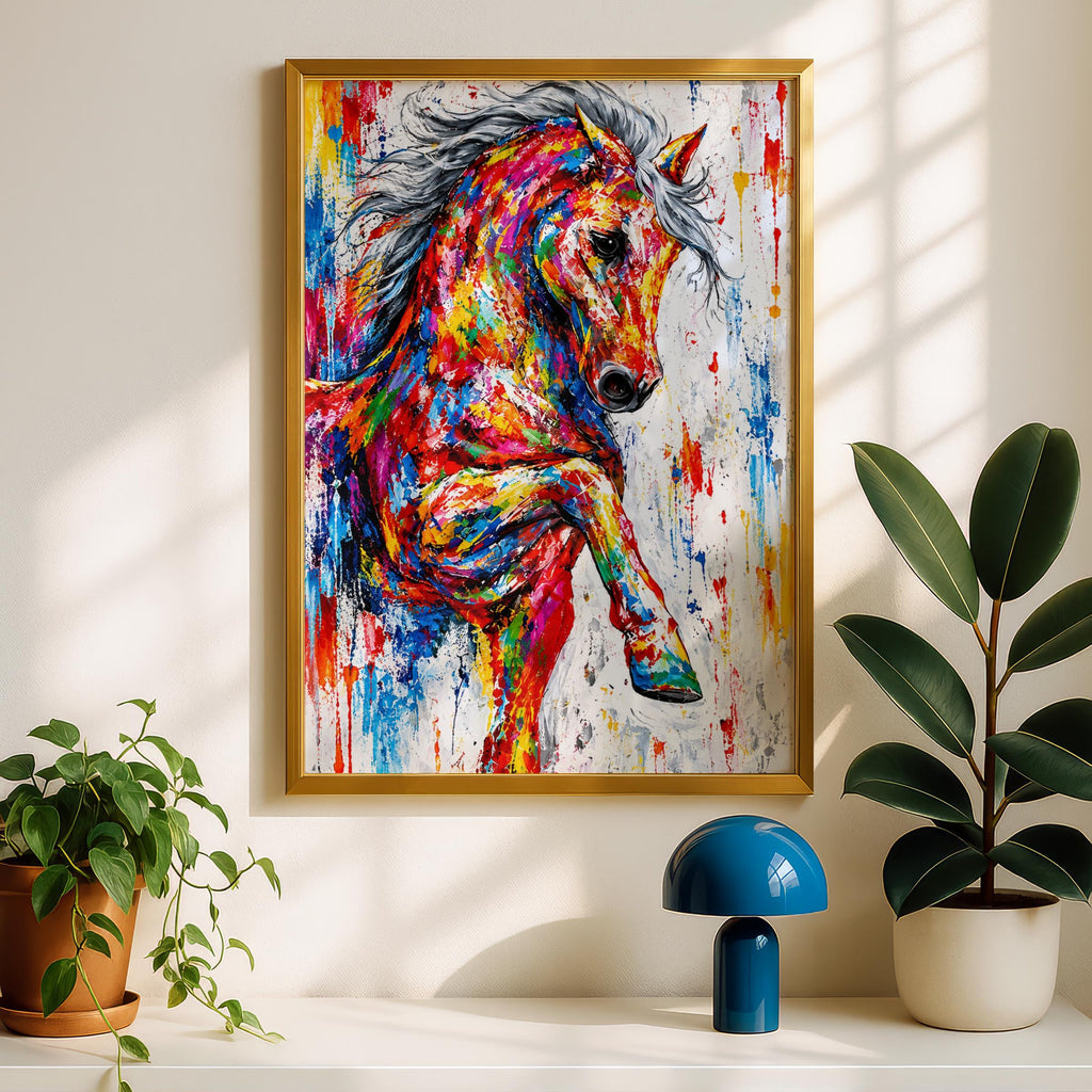 Colourful Horse Art Print, Abstract Equestrian Poster, Vibrant Paint Splatter Wall Decor