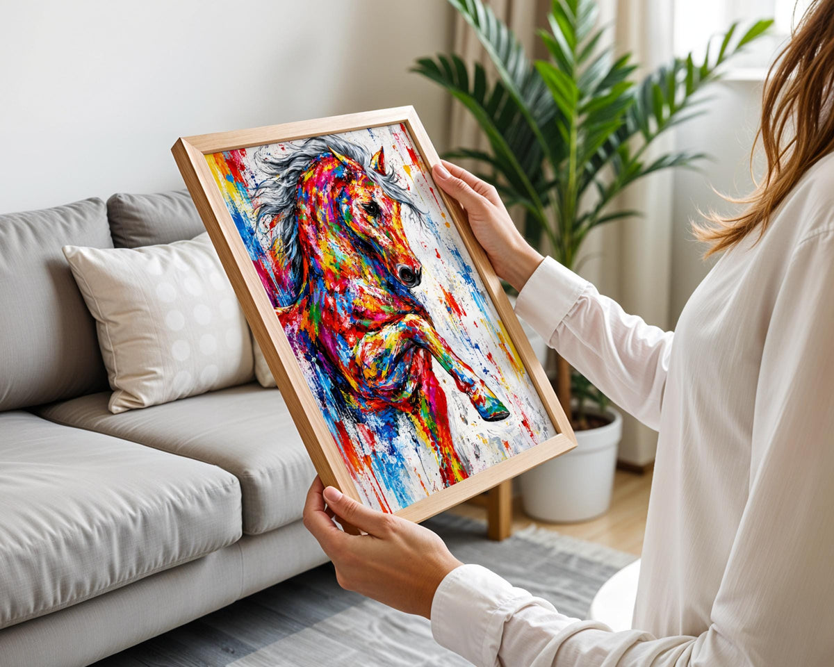 Colourful Horse Art Print, Abstract Equestrian Poster, Vibrant Paint Splatter Wall Decor