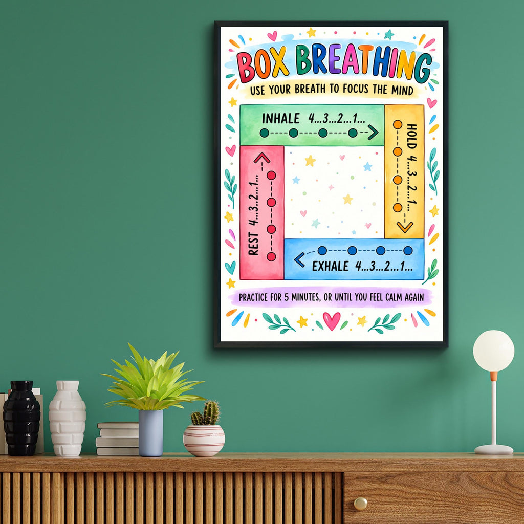 Box Breathing Poster, Calm Corner Wall Art, Mindfulness Chart for Kids Classroom, Colourful Anxiety