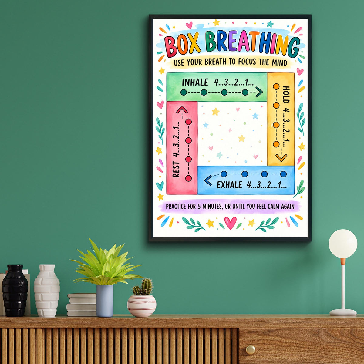 Box Breathing Poster, Calm Corner Wall Art, Mindfulness Chart for Kids Classroom, Colourful Anxiety