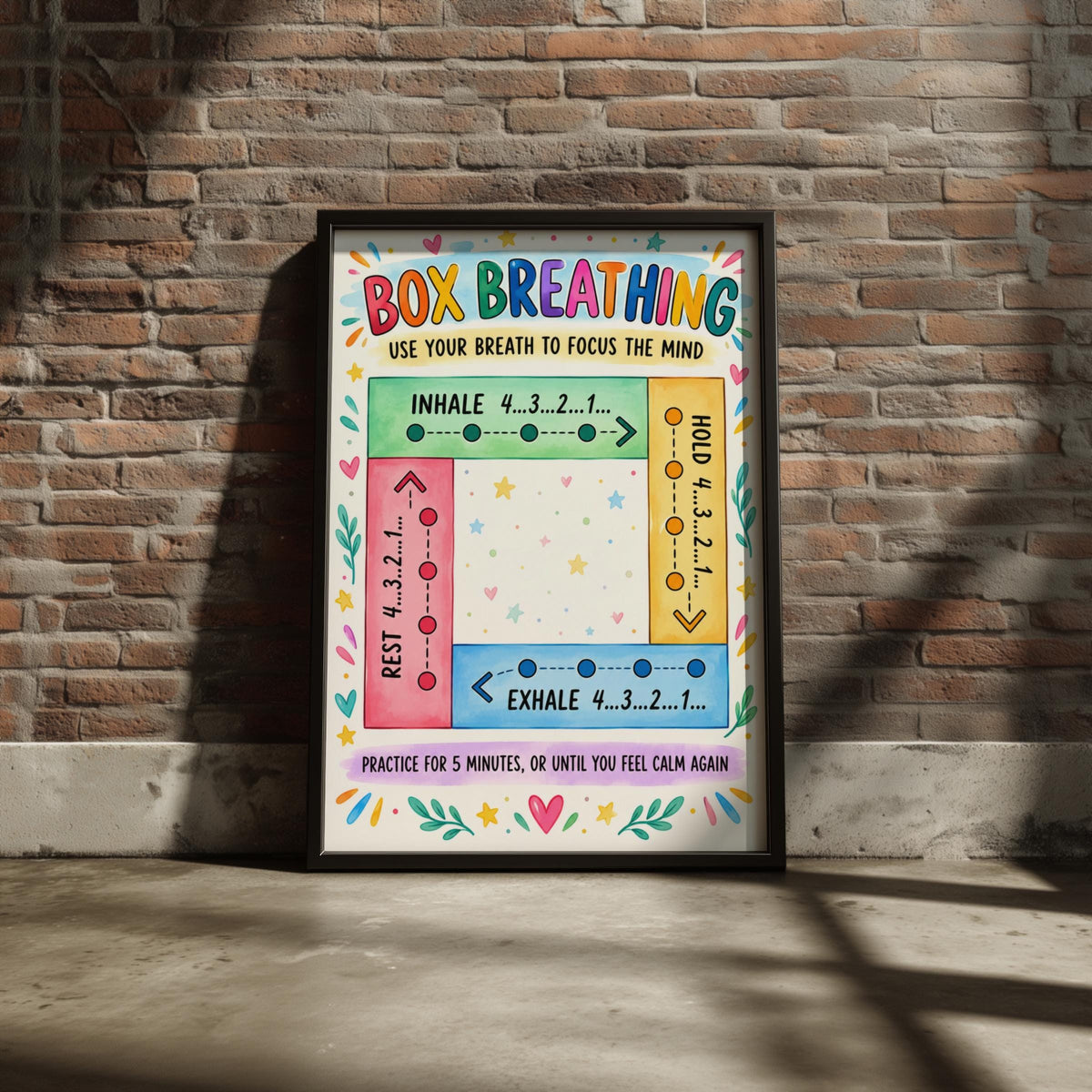 Box Breathing Poster, Calm Corner Wall Art, Mindfulness Chart for Kids Classroom, Colourful Anxiety