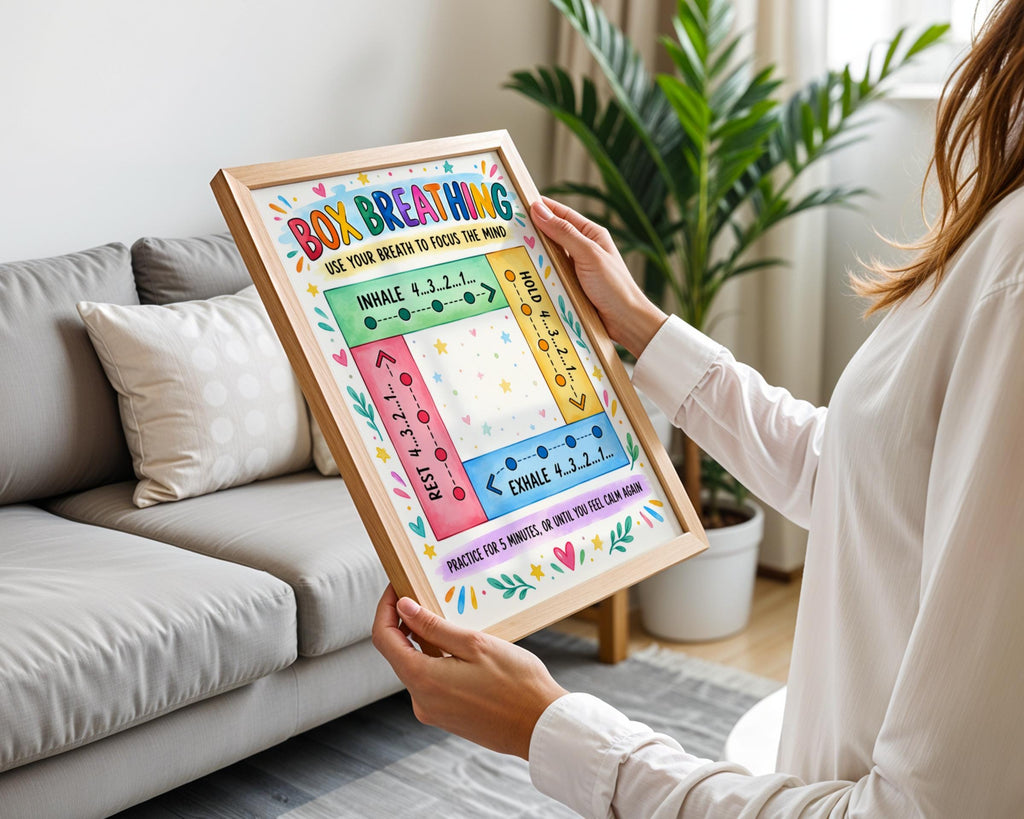 Box Breathing Poster, Calm Corner Wall Art, Mindfulness Chart for Kids Classroom, Colourful Anxiety