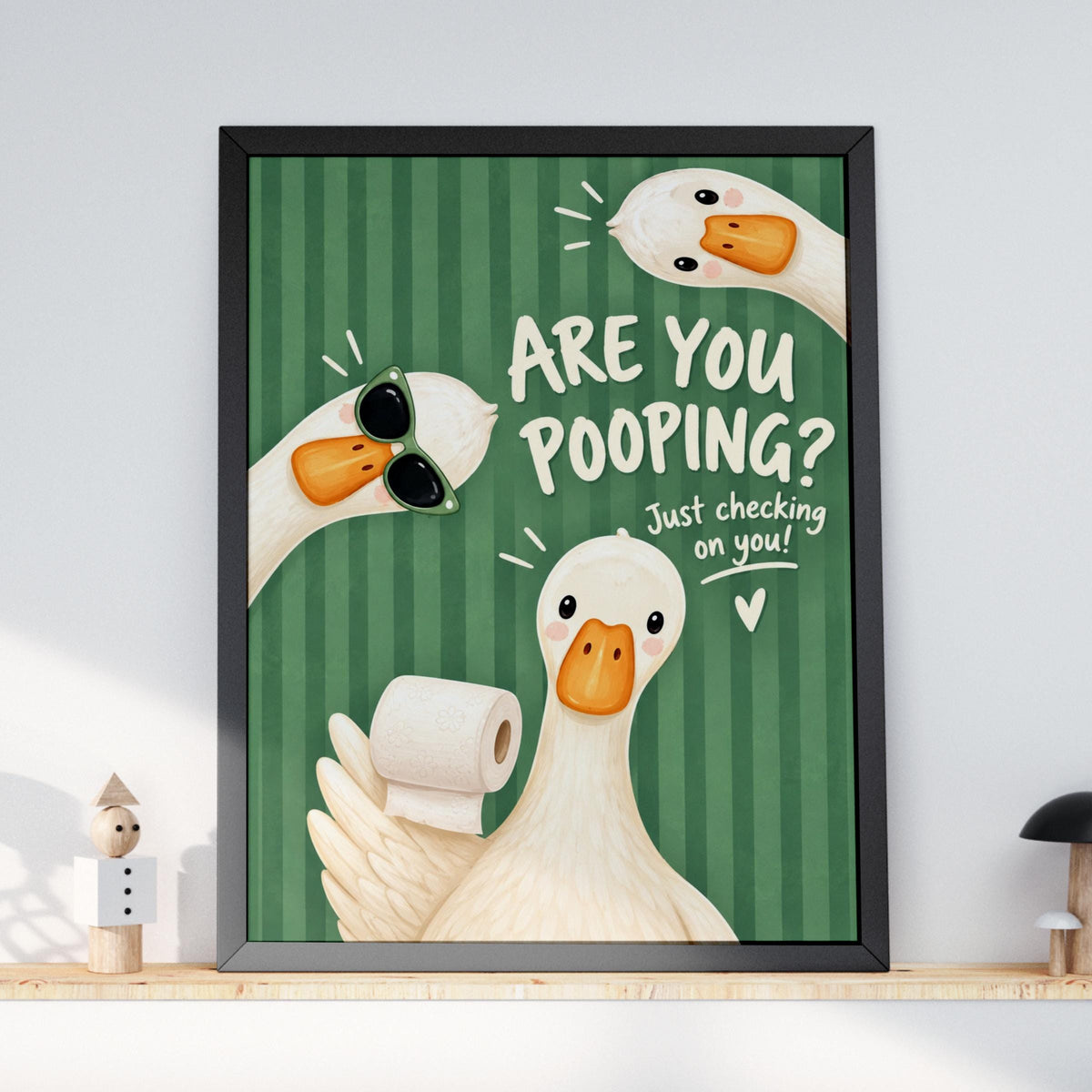 Funny Bathroom Wall Art, Goose Toilet Print, Quirky Geese Poster, Green Striped Loo Humour Decor