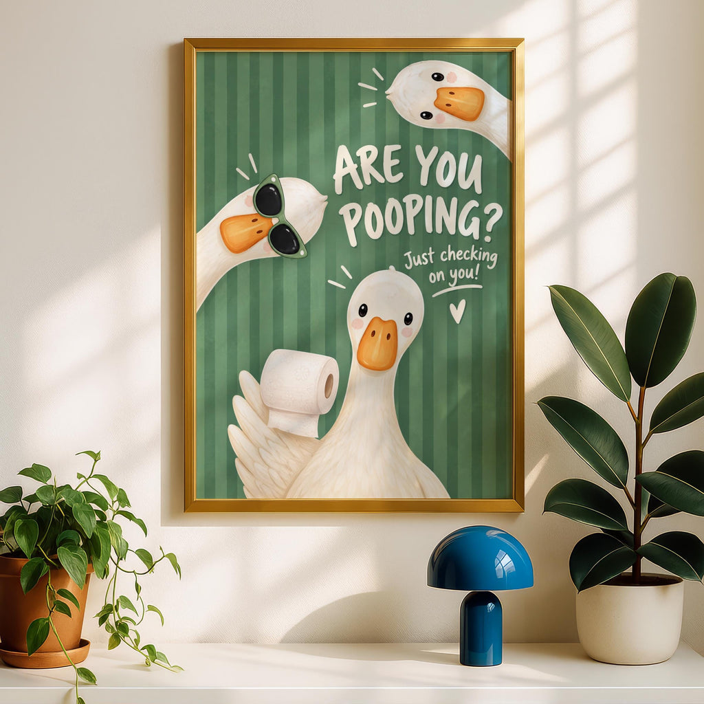 Funny Bathroom Wall Art, Goose Toilet Print, Quirky Geese Poster, Green Striped Loo Humour Decor