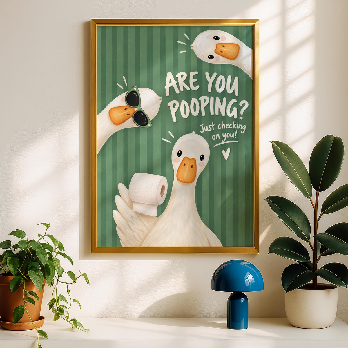 Funny Bathroom Wall Art, Goose Toilet Print, Quirky Geese Poster, Green Striped Loo Humour Decor