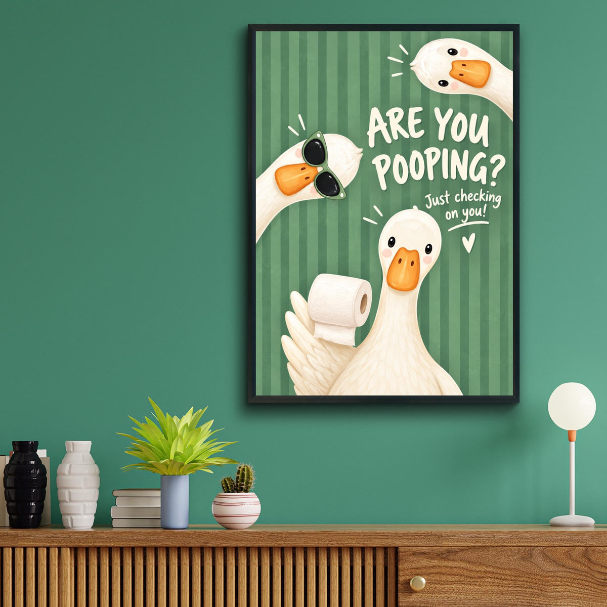 Funny Bathroom Wall Art, Goose Toilet Print, Quirky Geese Poster, Green Striped Loo Humour Decor