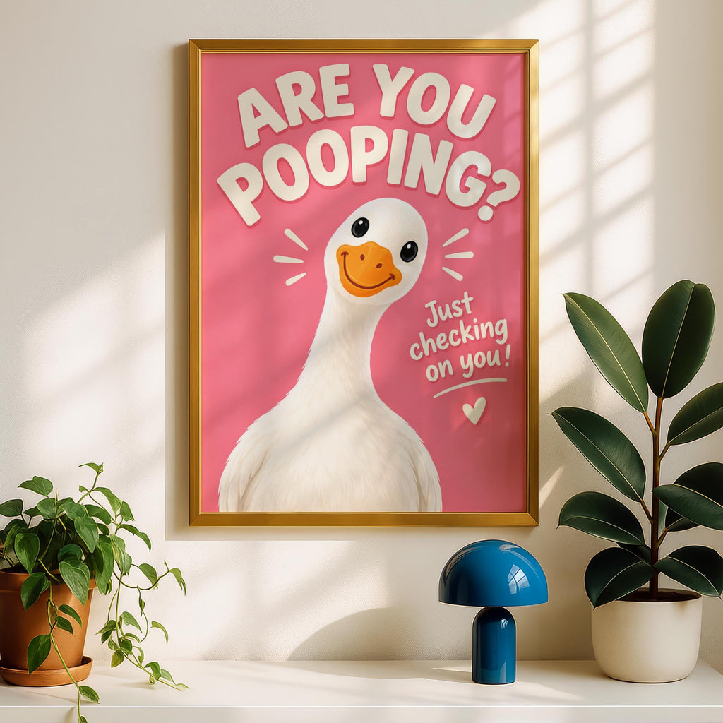 Funny Goose Bathroom Print, Are You Pooping Quote, Pink Toilet Humour Poster, Cute Loo Wall Art