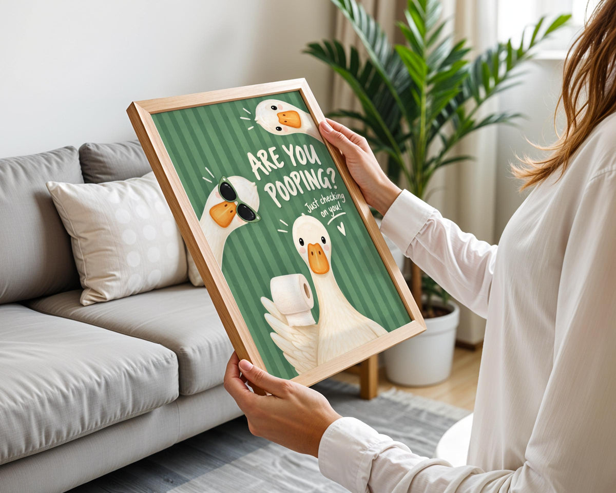 Funny Bathroom Wall Art, Goose Toilet Print, Quirky Geese Poster, Green Striped Loo Humour Decor