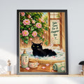 Black Cat Bath Poster, Japanese Spa Wall Art, Pink Peony Bathroom Print, Cute Self Care Quote