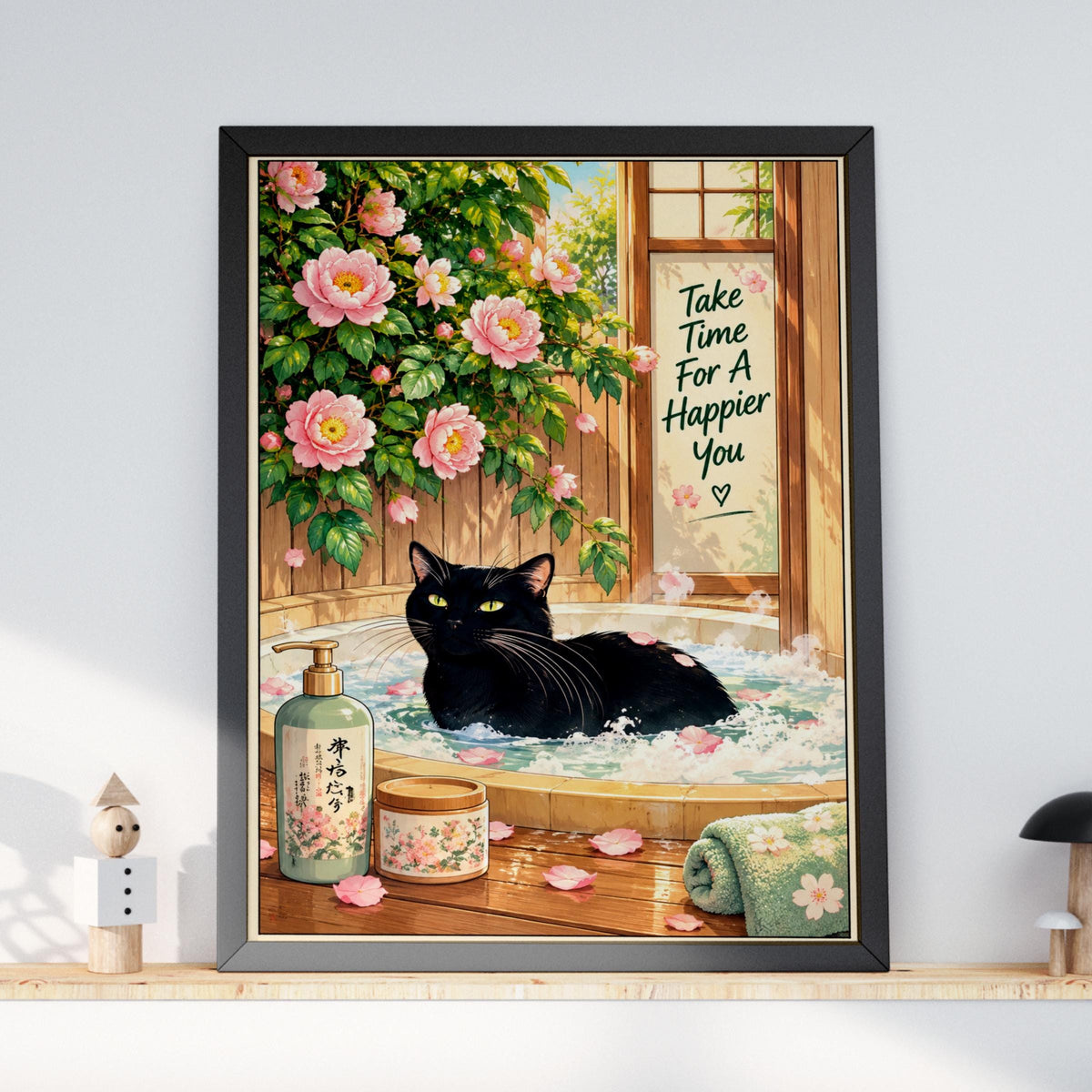 Black Cat Bath Poster, Japanese Spa Wall Art, Pink Peony Bathroom Print, Cute Self Care Quote