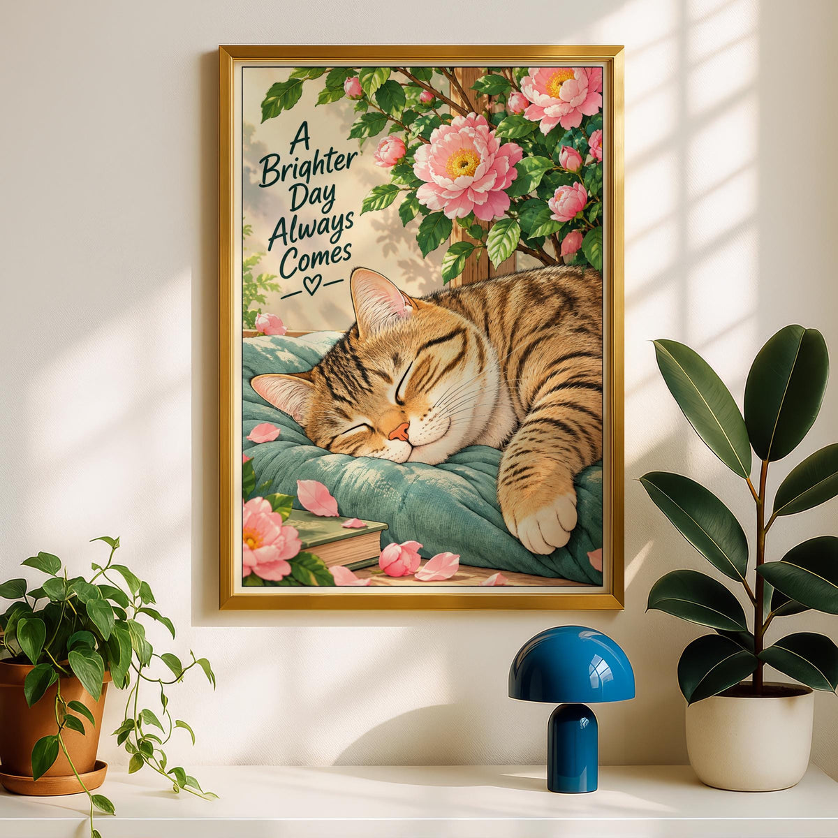 Sleeping Tabby Cat Poster, Pink Peony Wall Art, Cosy Cat Lover Print, Positive Quote Nursery Decor