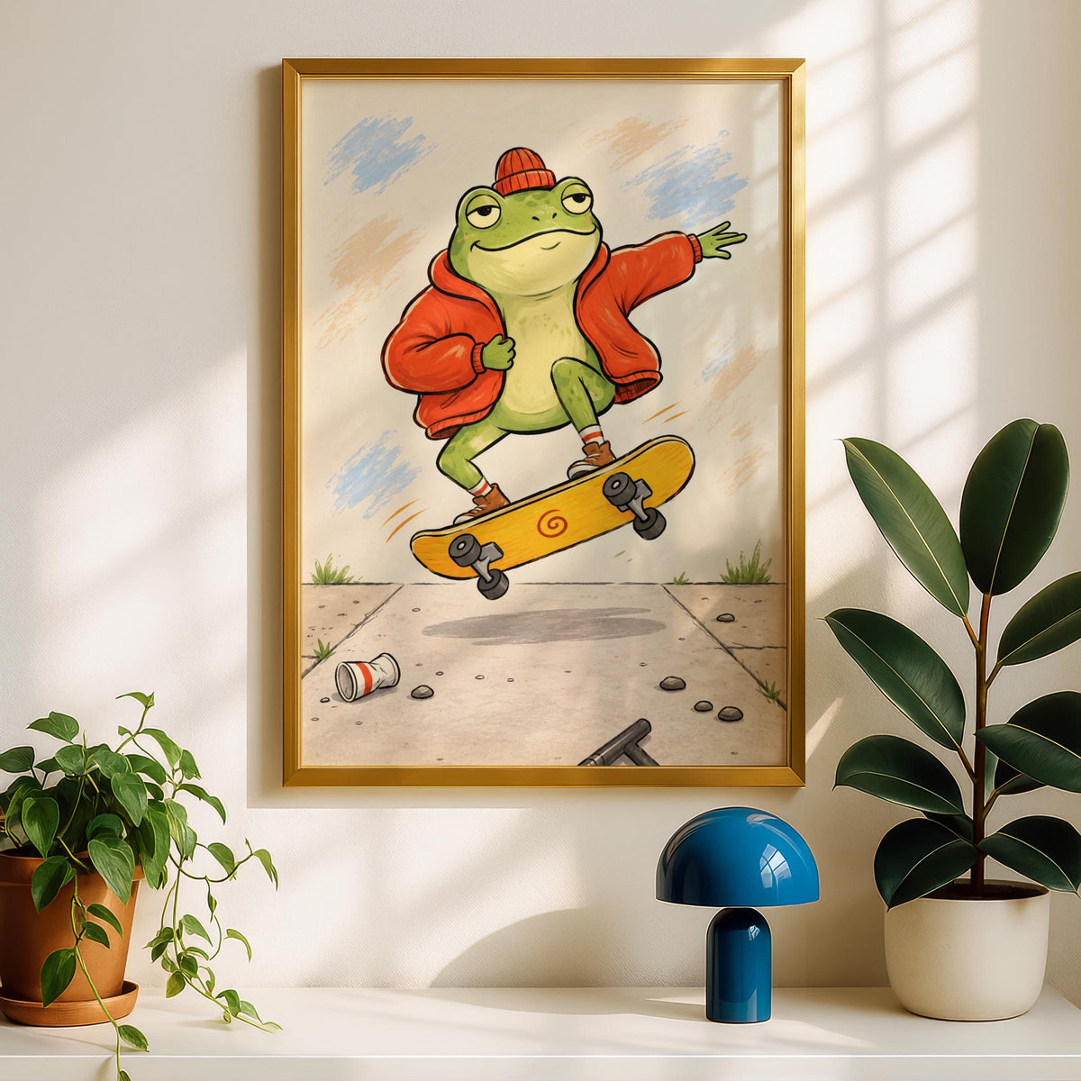 Skateboarding Frog Wall Art, Funny Animal Print, Cartoon Frog Poster, Quirky Kids Room Decor