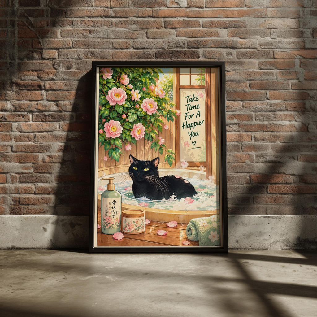 Black Cat Bath Poster, Japanese Spa Wall Art, Pink Peony Bathroom Print, Cute Self Care Quote